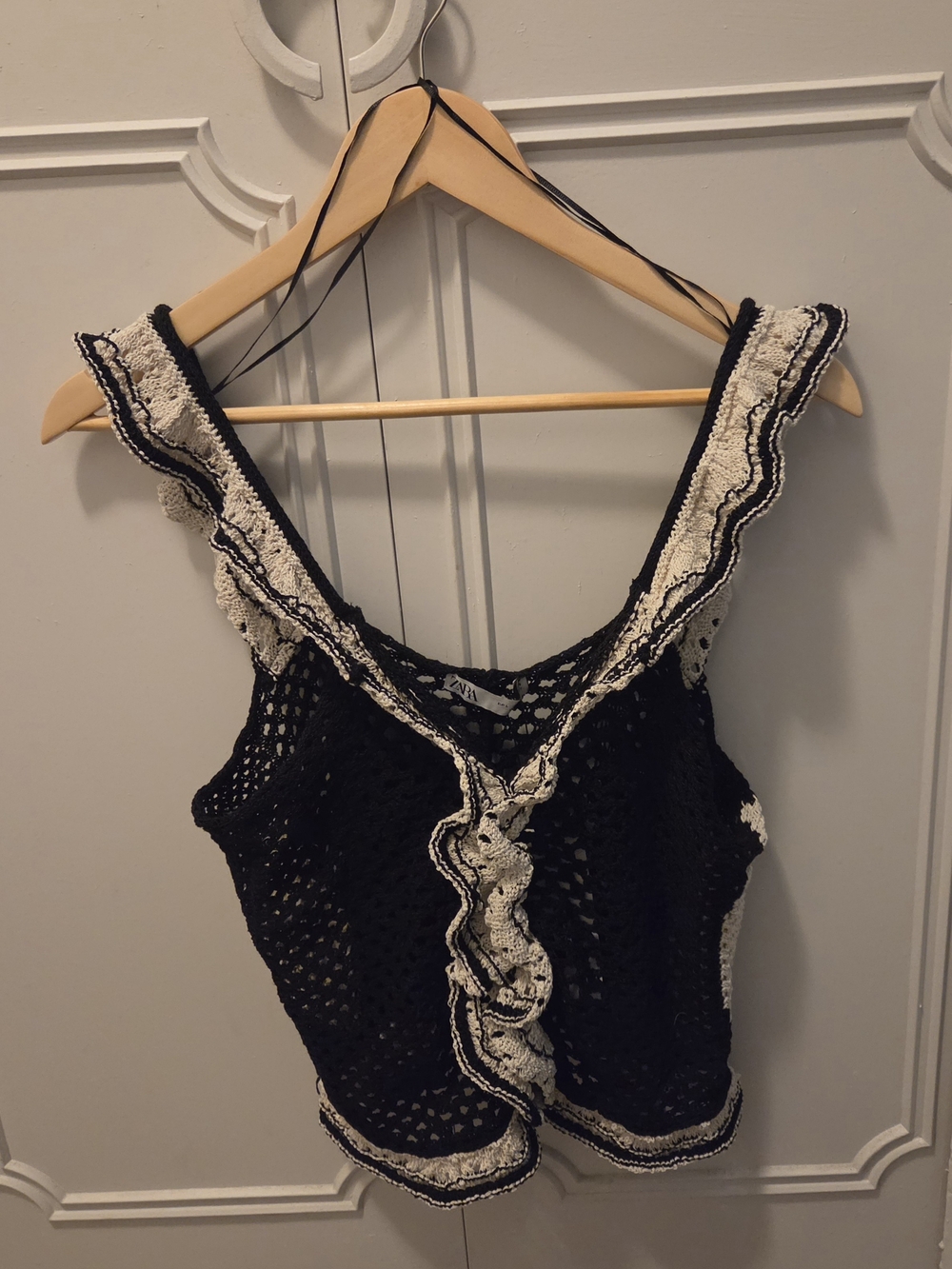 Zara Black Crochet Tank with Cream Ruffle Trim